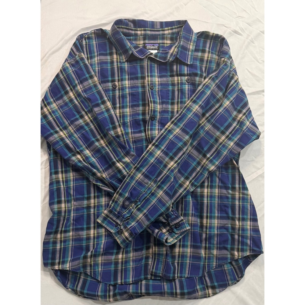 Patagonia Mens XXL Blue Plaid Organic Cotton Long Sleeve Button Down Shirt